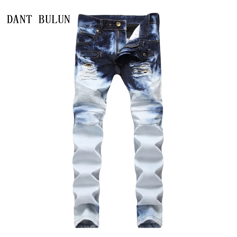 Дант BULUN/Для мужчин джинсы со складками с заплатами и рваные байкерские для
