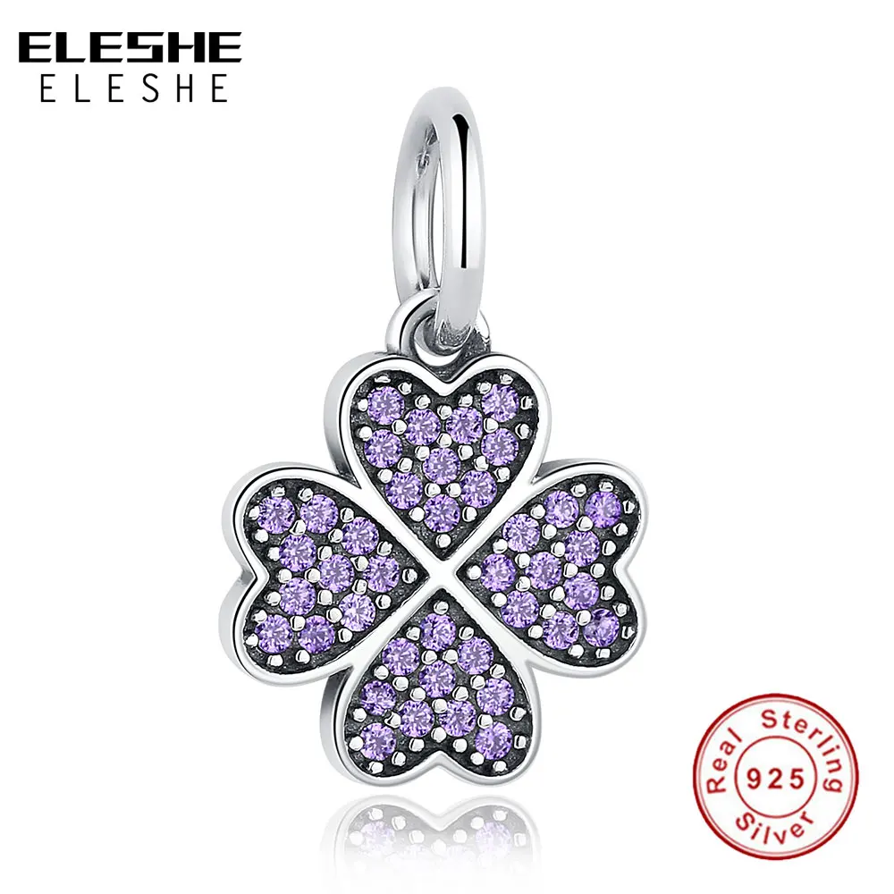 ELESHE, браслет, 925 пробы, серебряный, висячий, подвеска, с фиолетовым кристаллом, четырехлистный клевер, бисер, сделай сам, для изготовления ювелирных изделий