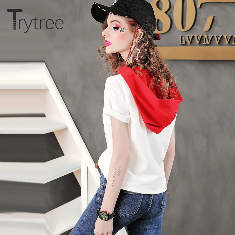 Trytree 2019 летний топ Женская модная футболка Повседневный хлопковый с капюшоном на