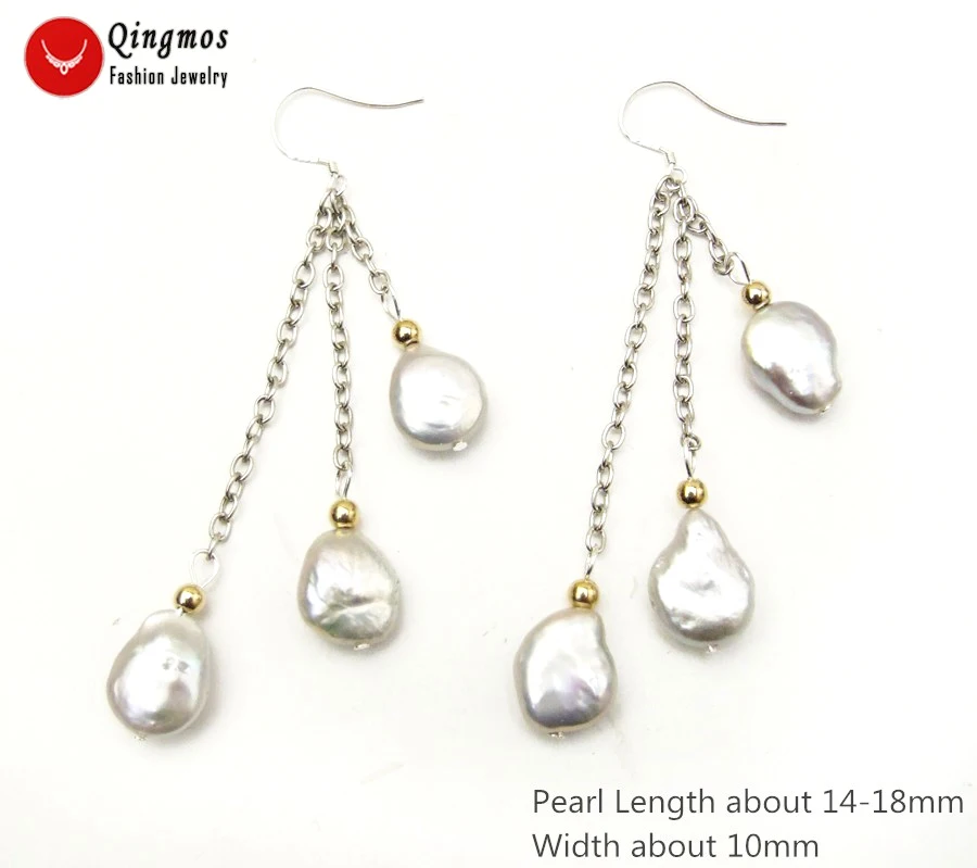 

Qingmos Natural Pearl Earrings for Women with 3 PCS Gray 14mm Oval Coin Freshwater Dangle Pearl Earring Fashion Jewelry 3" e725
