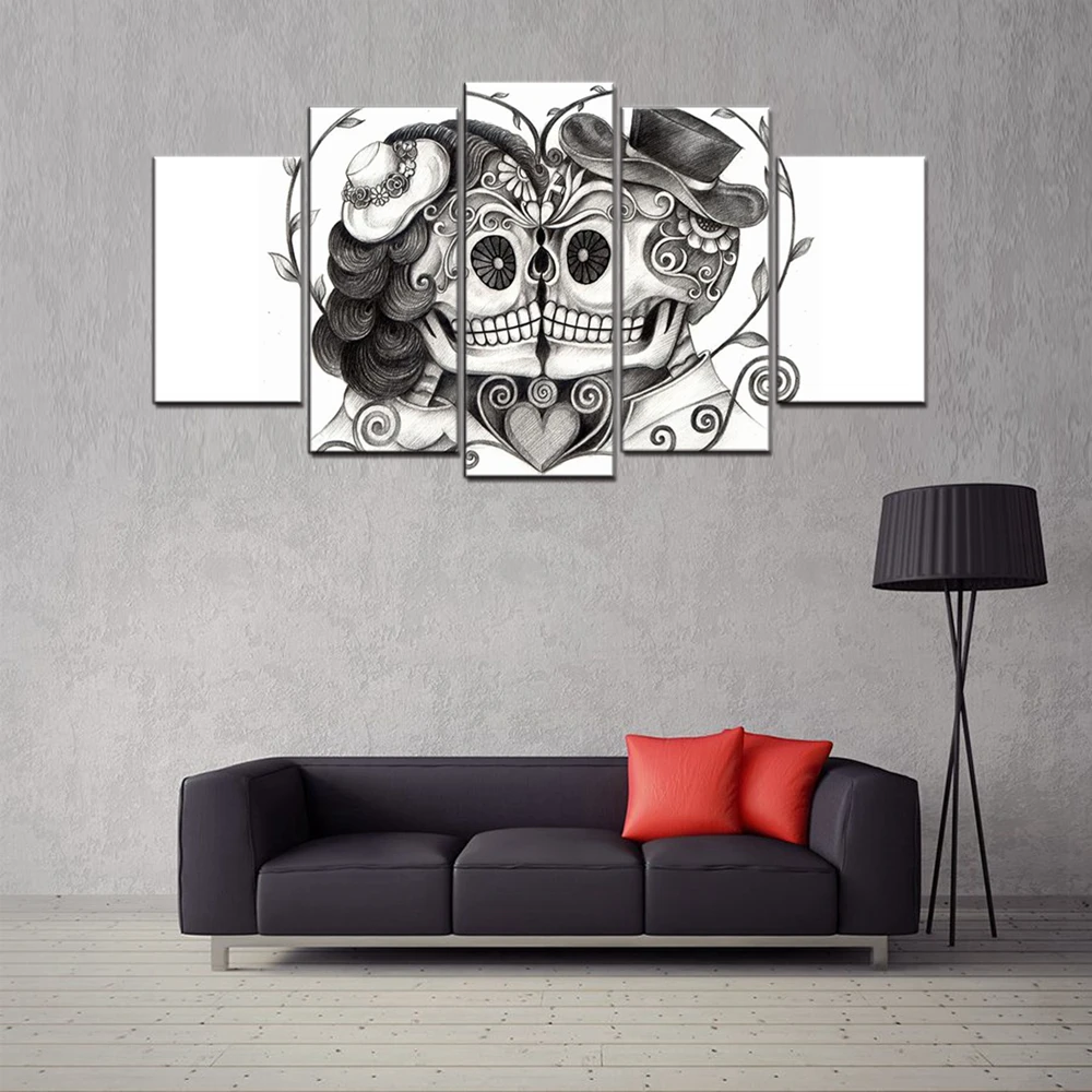 Черно-белый абстрактный постер с изображением целующегося черепа для пары