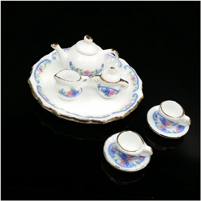 

A01-X180 children gift Toy 1:12 Dollhouse mini Furniture Miniature rement Doll accessories blue flower tea pot 8pcs/set