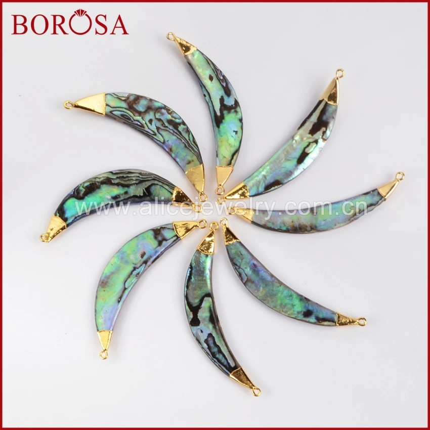 

BOROSA 5PCS Gold Color Curved Surface Crescent Natural Abalone Shell Connector Double Charms Horn Bead for Necklace G690
