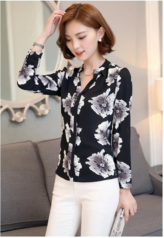 Воротник С Длинными Рукавами Шифон Тонкий Длинные Дамы V Печатных Рубашку |
