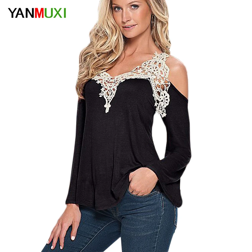 YANMUXI для женщин блузка рубашка однотонный топ пикантные цветочные кружево с