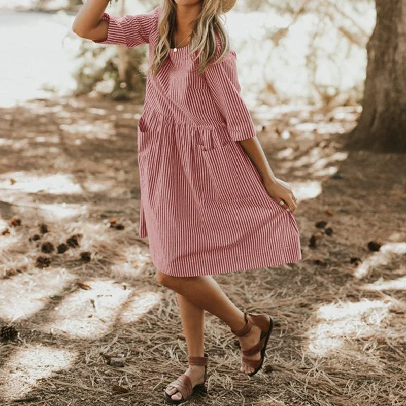 Women Summer Elegant O Neck Half Sleeve Pockets Loose Party Vestido Casual Baggy Work Striped Dress Sundress Oversized | Женская одежда