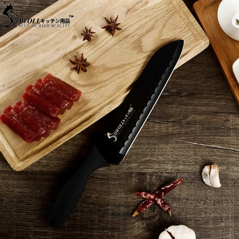 Sowoll 7 дюймов Нержавеющая сталь Santoku Ножи японский Стиль острое лезвие черный