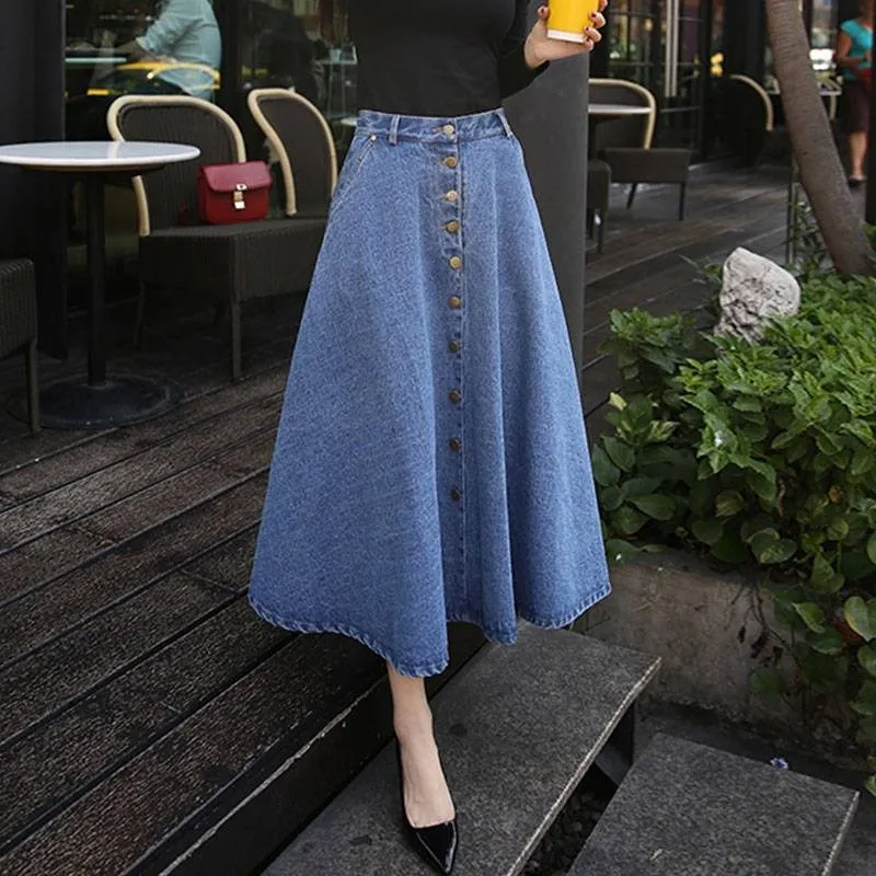 light blue fashion Длинная джинсовая юбка Новое поступление Длинные юбки для женщин Высокая талия повседневные джинсовые юбки элегантные офисные плиссированные макси юбки для женщин - Цвет: light blue fashion