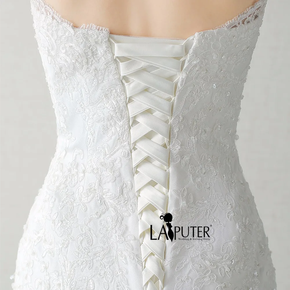Elegant Strapless Lace-up Back Court Train Sleeveless Lace Appliques Mermaid Wedding Dresses Cheap Bridal Gowns | Свадьбы и