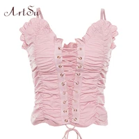 artsu pink crop tops women 2020 lace up sexy summer spaghetti strap top cute camis ladies summer tops cami asve20530