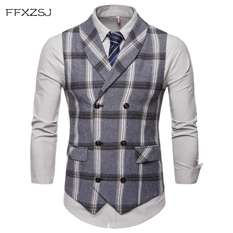 

FFXZSJ New Classic Plaid Suit Vest Men Slim Fit Double Breasted Vest Waistcoat Mens Business Wedding Tuxedo Vest Gilet Homme