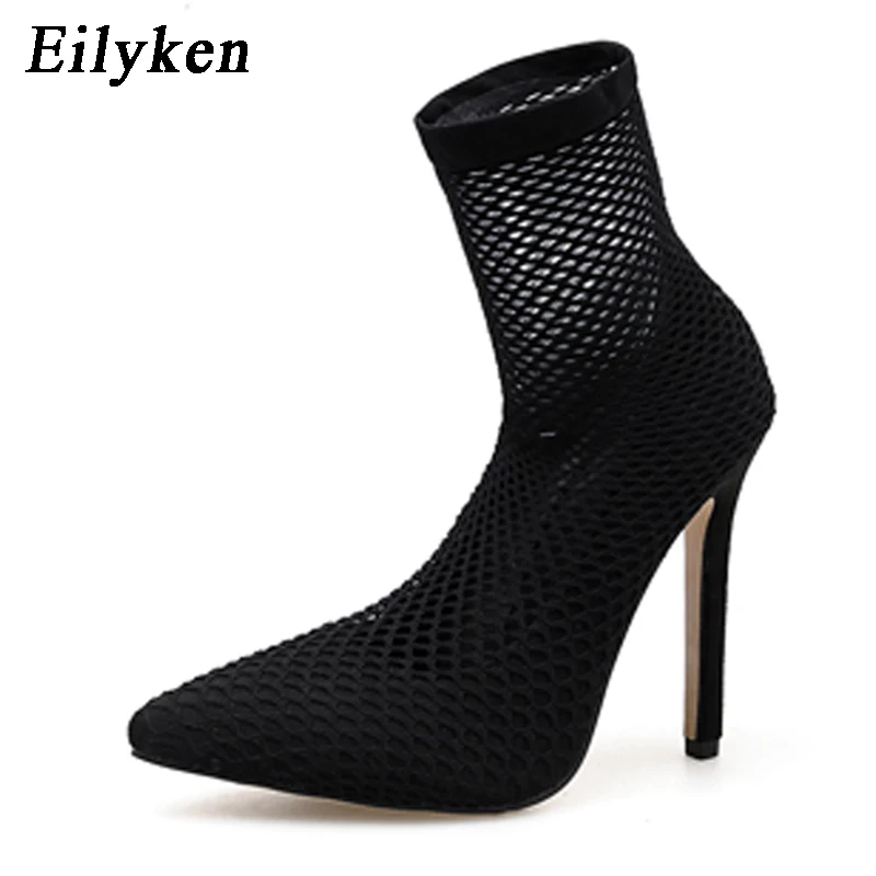 Eilyken/ г., модные женские туфли-лодочки из флока сетчатая стелька из эластичной ткани женские вечерние туфли-лодочки черного цвета на тонком каблуке 11 см с острым носком