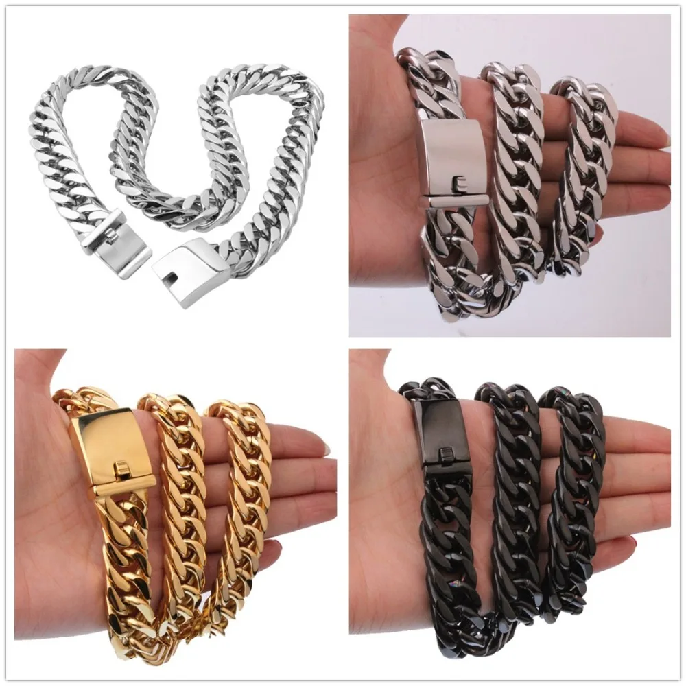

7-40" 15/17mm Huge Heavy Silver Color/Gold/Black Jewelry Stainless Steel Cuban Curb Link Chain Mens Necklace Or Bracelet Bangle