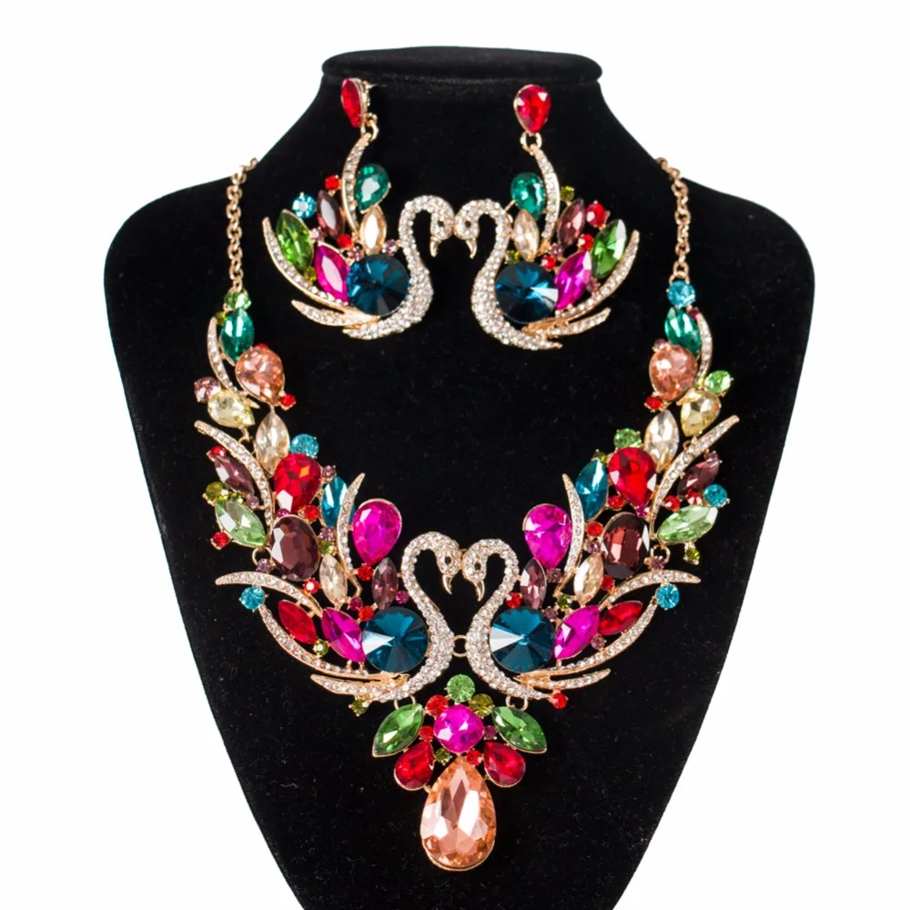 

Lan palace Glass african beads bridal Swan jewelry set gold color necklace and earrings for wo'men free shipping