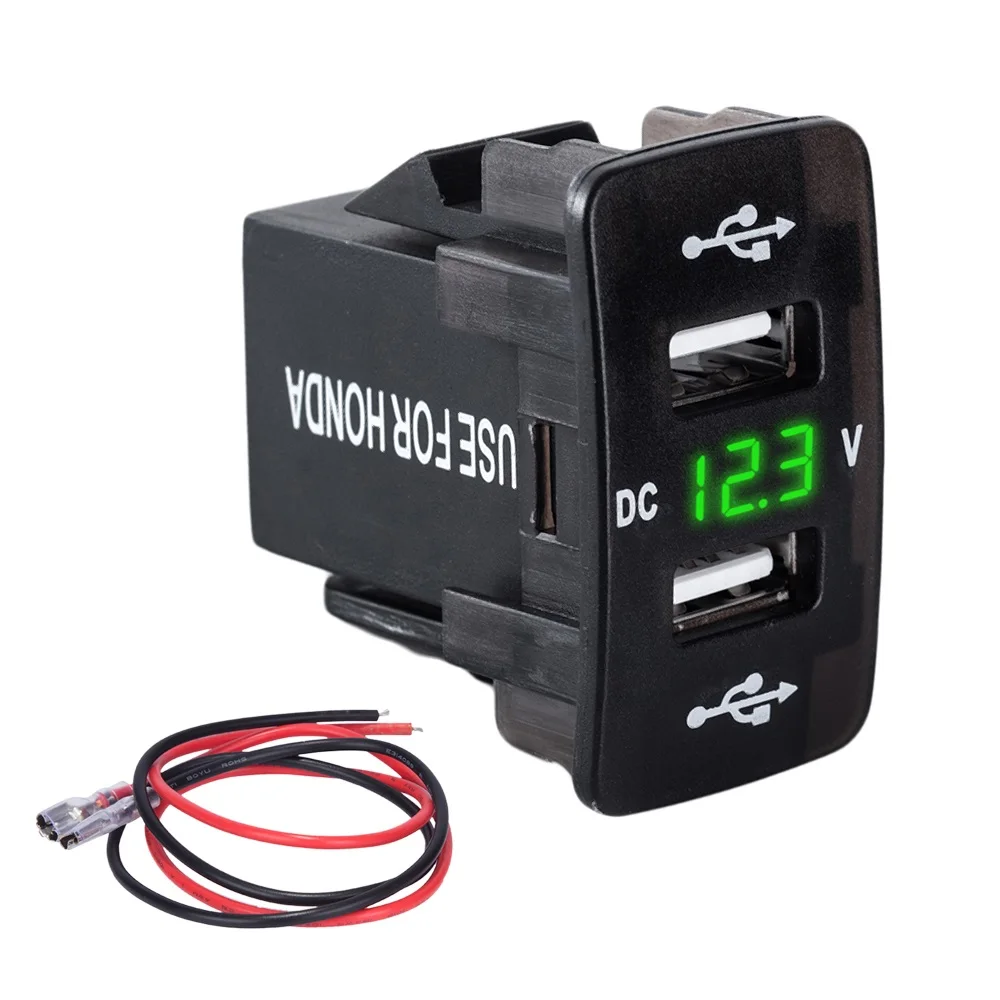 Green Двойной USB порт автомобильное зарядное устройство прикуриватель адаптер питания DC 12-24 В с светодиодный цифровой вольтметр метр монитор для Honda - Название цвета: Green