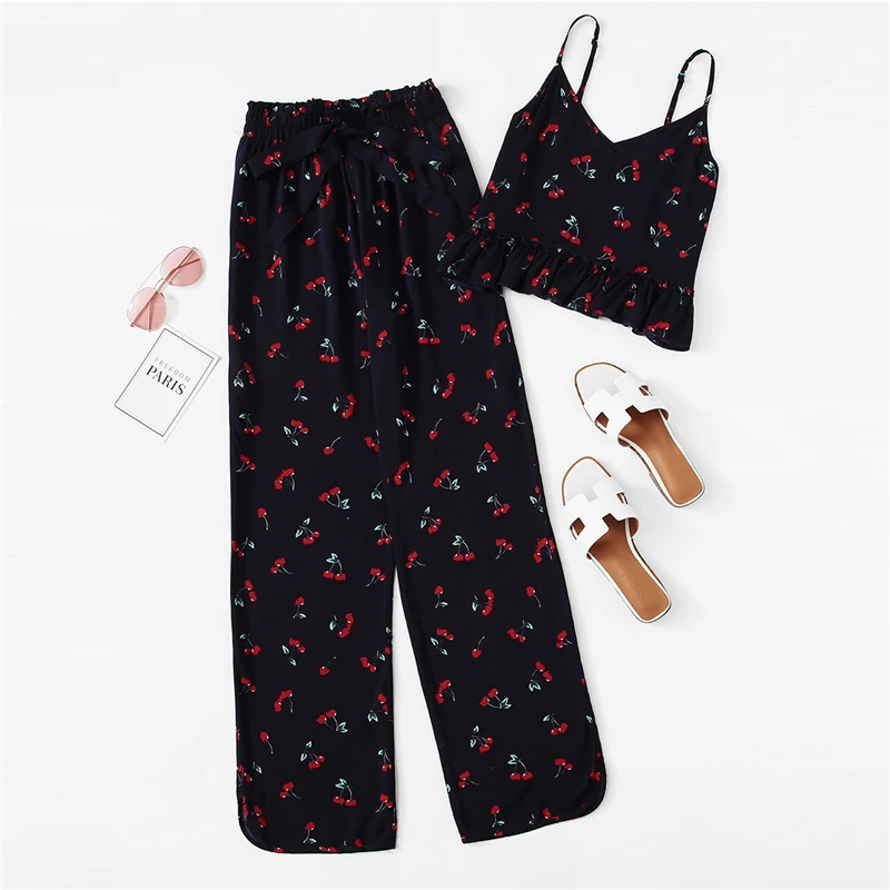 SHEIN/женские летние повседневные пижамные штаны с принтом вишни и рюшами на бретельках