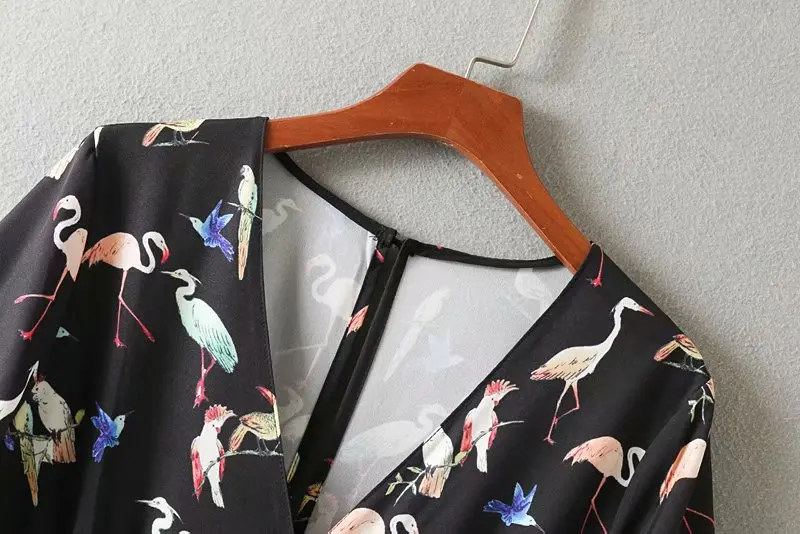 2019 женское винтажное мини-платье с принтом фламинго и пряжками Элегантное