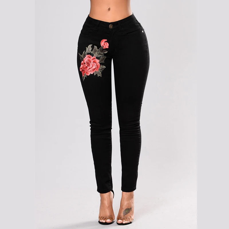 Черные джинсы с цветочной вышивкой женские эластичные джинсовые брюки карандаш