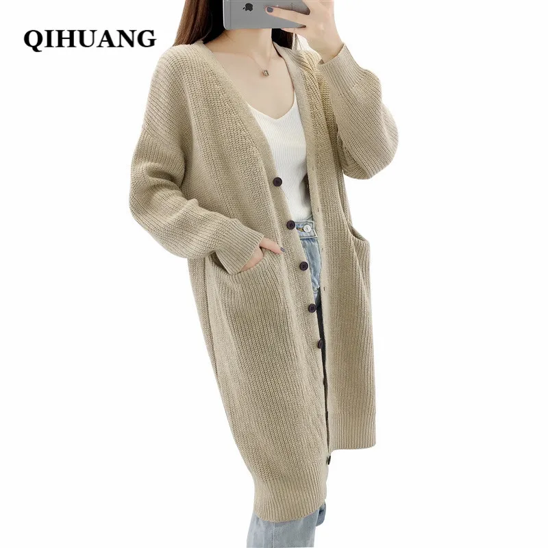 QIHUANG New Long Cardigan Women Sweater 2018 Autumn Winter Warm Knit Casual Single Breasted Loose Oversized Coat |