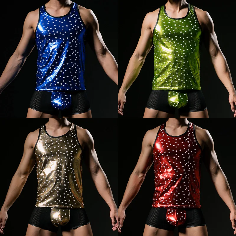 Мужской сексуальный жилет блестящий из искусственной кожи топ со звездами для