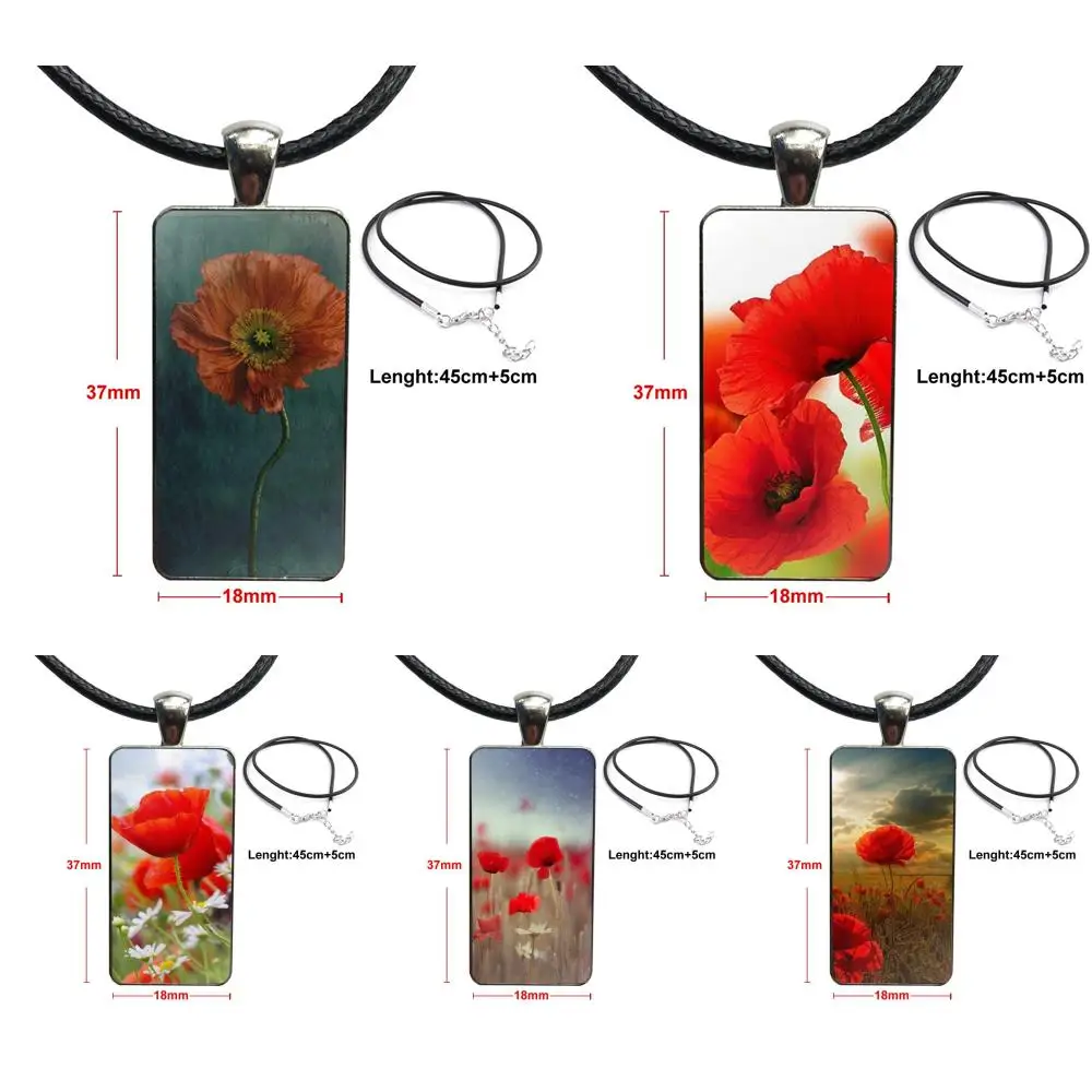 Poppy Flower стеклянный кабошон чокер кулон прямоугольное ожерелье из нержавеющей