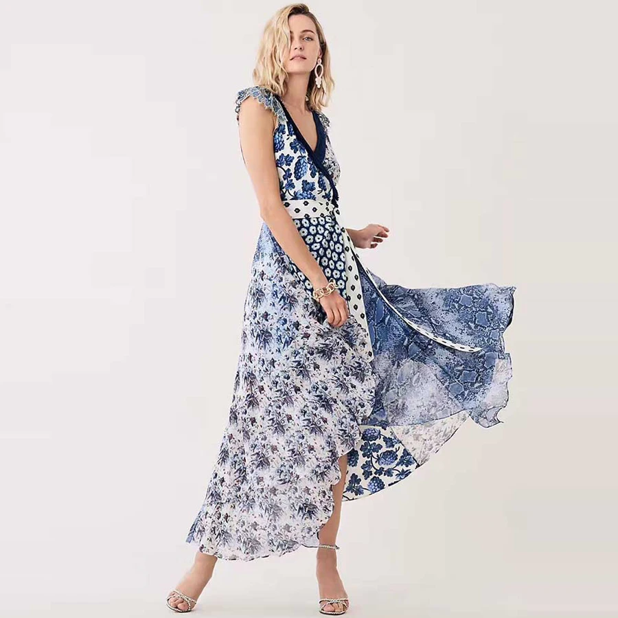 VERDEJULIAY Runway Summer Dress Women Luxury New Fashion Patchwork Dot Flower Print V-Neck Irregular Sexy Dress Vestidos