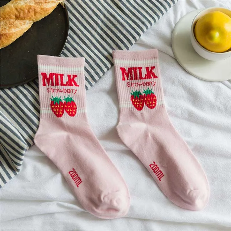 Japanese Harajuku Funny Kawaii Jacquard Cute Fruit Strawberry Milk Pinky/White Women Socks Creative Calcetines Mujer Skarpetki | Женская