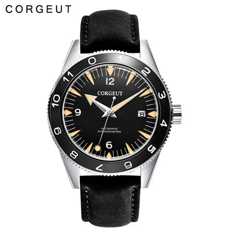 black leather strap Роскошные брендовые Corgeut Seepferdchen военные Мужские часы Мужские автоматические спортивные дизайнерские часы кожаные механические наручные часы - Цвет: black leather strap