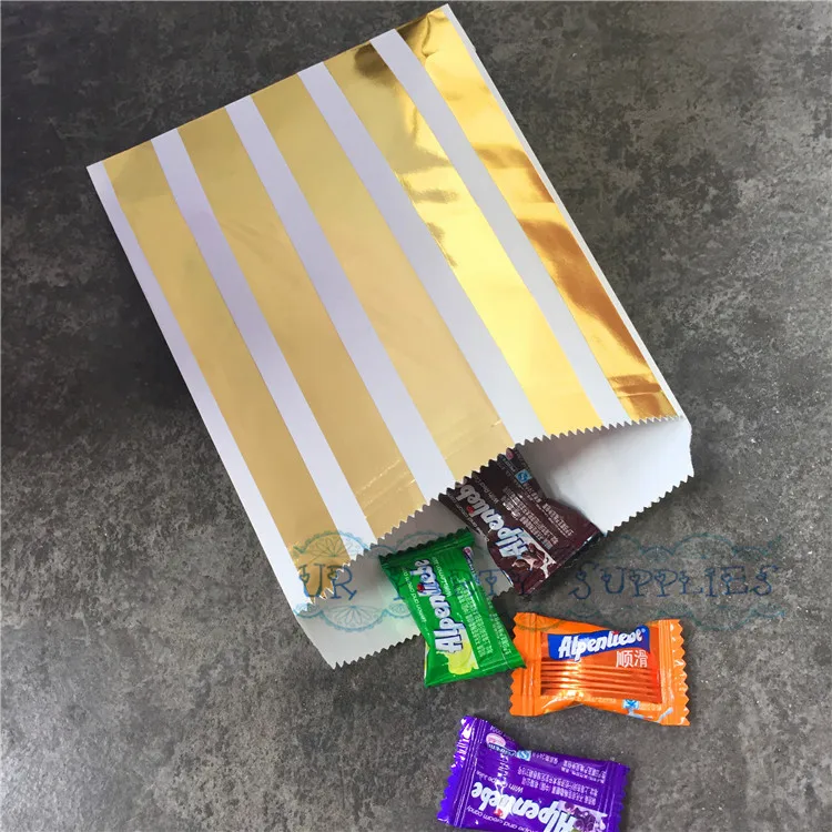 Бесплатная доставка 100 шт Металлические золотые бумажные мешки полосатые сумки