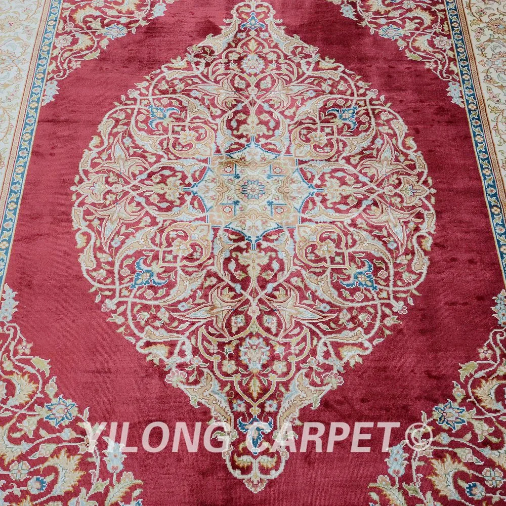 Yilong 4' x 6' Кум ковер традиционный Тебриз красный ковёр искусственный шелк