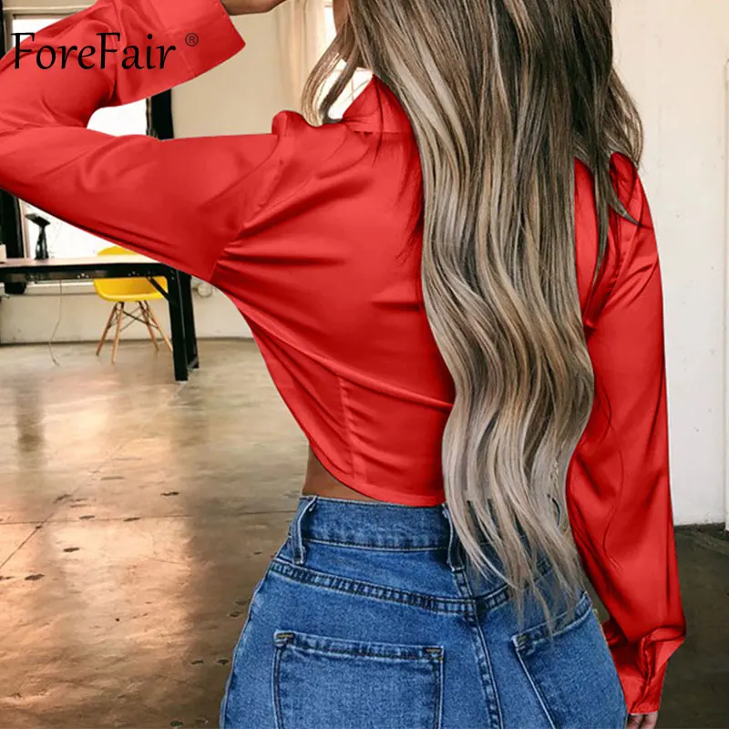 Женская атласная шелковая блузка на шнуровке Forefair укороченный топ с длинными
