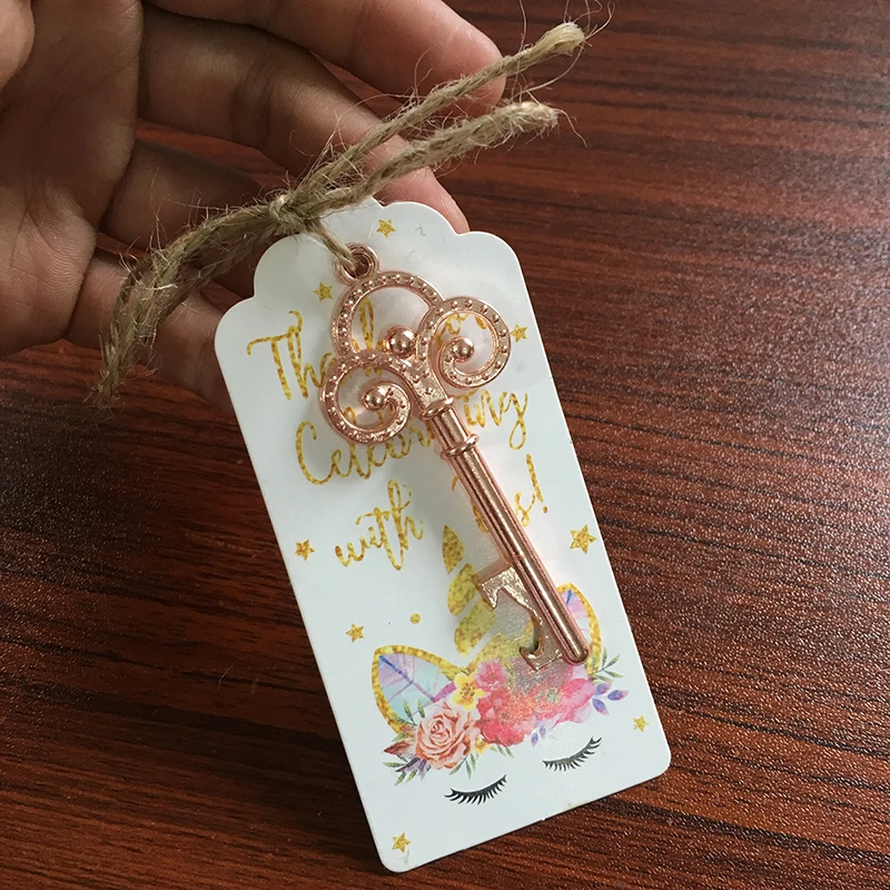 Flower-Rose gold 50p 50 открывалок+ 50 бирок Щепка открывалка для бутылок вина с бирками в форме ключа вечерние сувениры на свадьбу принадлежности для специальных мероприятий инструмент для пивных бутылок - Цвет: Flower-Rose gold 50p