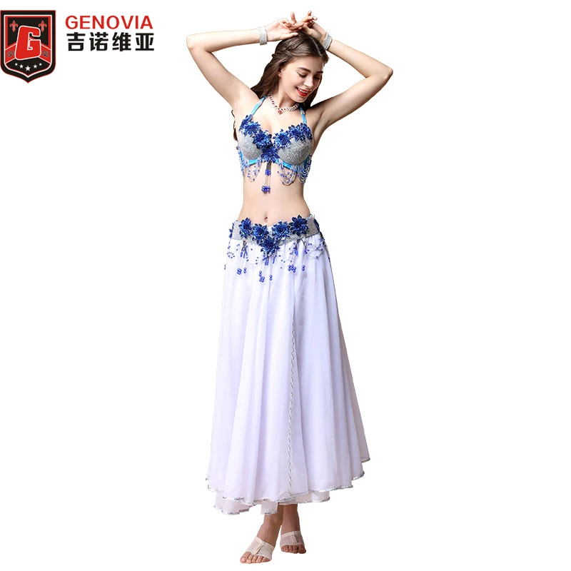 

Women New High-end Handmade Belly Dance Dance Costume Suit Carnival Flowers Diamond 3PCS Bra& Belt&Skirt