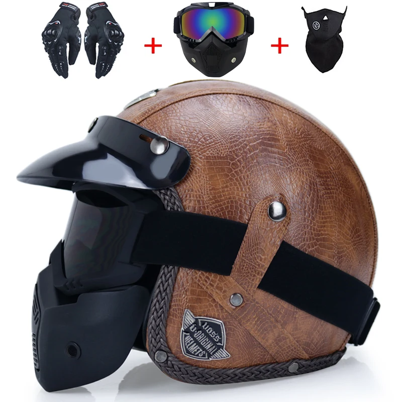 Мотоциклетный шлем ретро винтаж синтетическая кожа с открытым лицом|mask detachable
