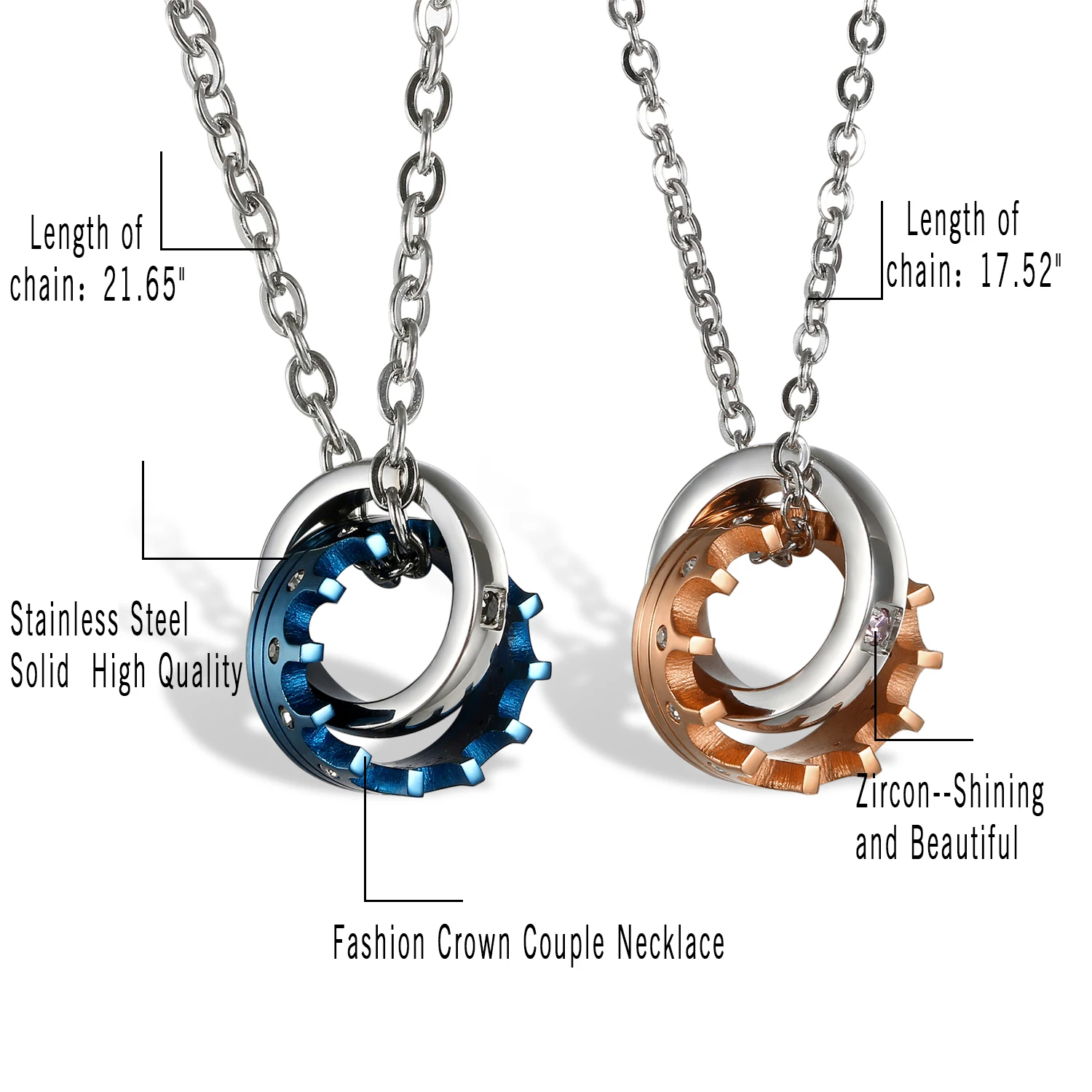 BONISKISS Mens Cubic Zirconia Couples Stainless Steel Crown Pendant Love Necklace Set 18 and 22 inch Chain Women Jewelry | Украшения и