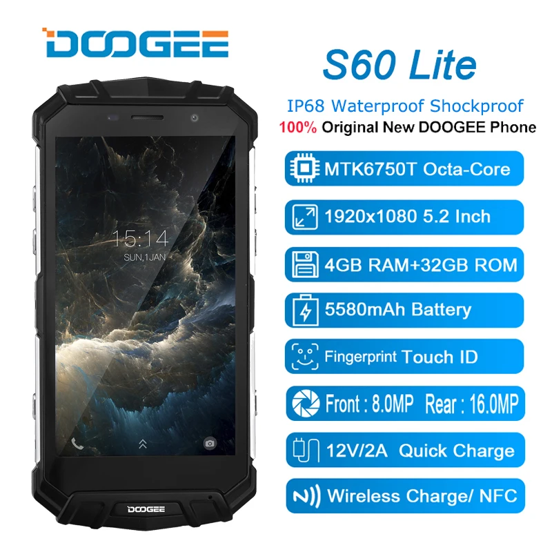 Doogee S60 Lite смартфон IP68 Водонепроницаемый 5580 мАч 12 В/2 а Беспроводная зарядка 5," FHD 4 Гб+ 32 ГБ ГЛОНАСС NFC Touch ID 4G Lte