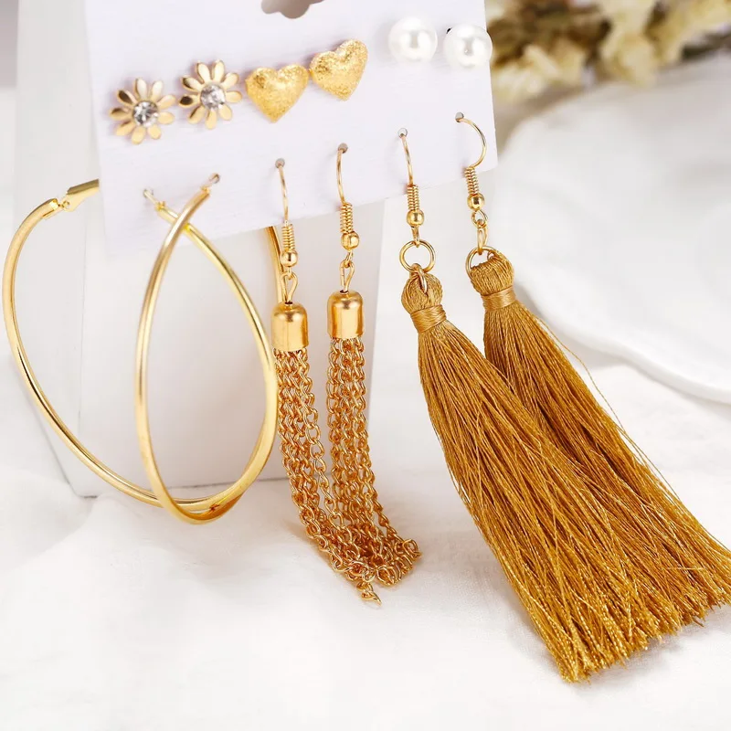 Belleper New Design Tassel Earring Sets Women Geometric Bohemian Gold Flower Long Tassel Earring Set Fashion Wedding Jewelry
