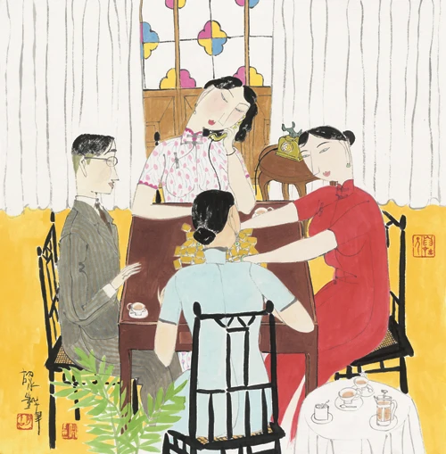 Картина маслом с изображением китайских людей в стиле маджонг | Дом и сад