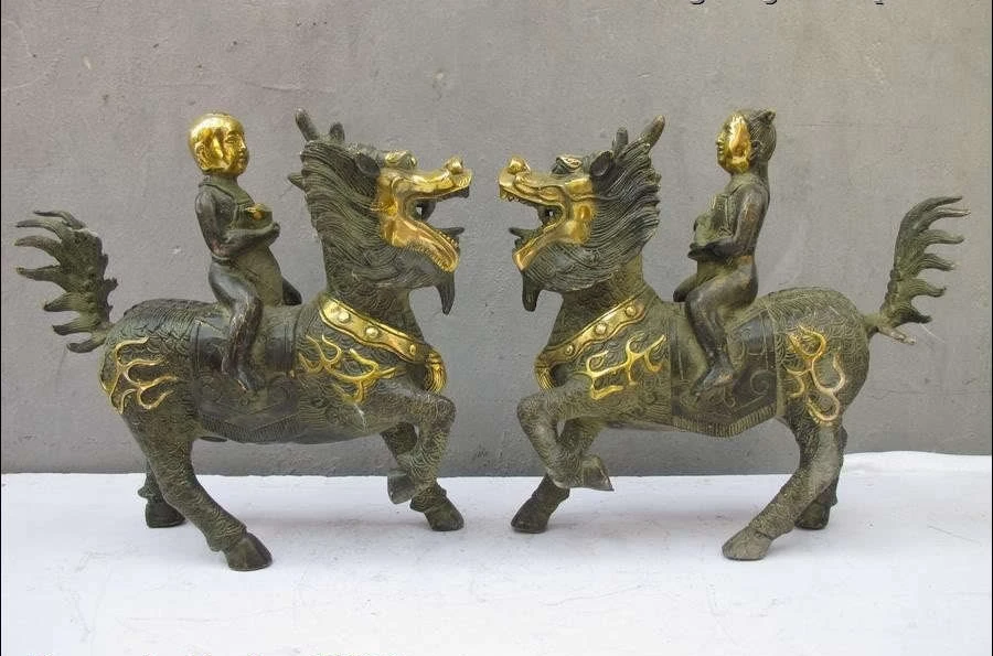 China Feng Shui Bronze Gilt Lucky Yuanbao Wealth baby Dragon kylin statue pair | Дом и сад
