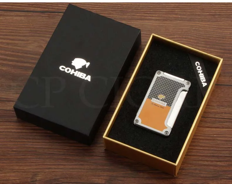 COHIBA ветрозащитная карманная зажигалка портативная 1 фонарь струя пламени сигары легче, чем газ-бутан зажигалки встроенные 2 сигары удар