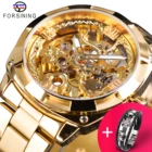 Часы Forsining + Набор браслетов, автоматические, мужские, в стиле ретро, роскошные, полностью золотые, светящиеся стрелки, скелетоны