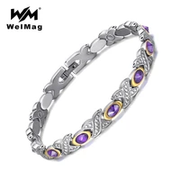 welmag crystal women stainless steel bracelets bangles bio energy magnetic healing charm rhinestones bracelet femme 2020