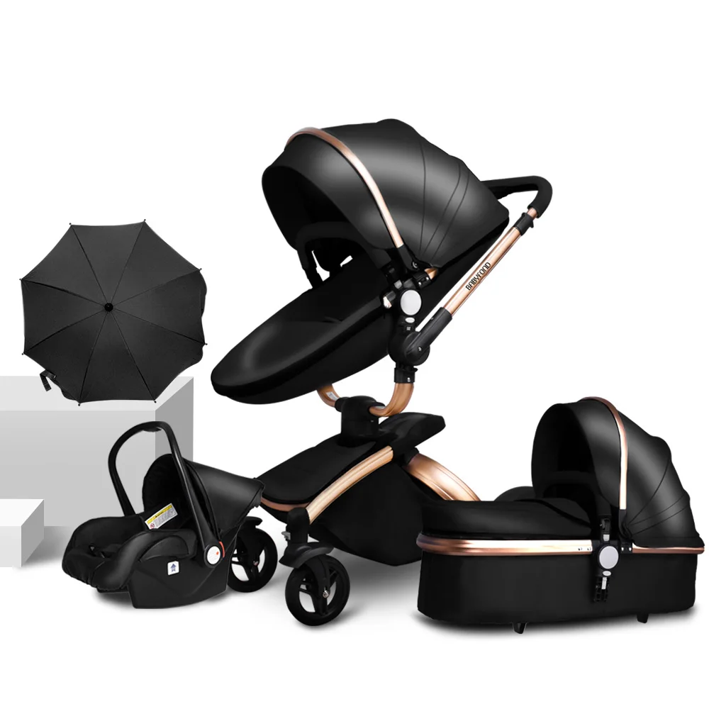 Babyfond/Высококачественная кожаная детская коляска с высоким пейзажем для автомобиля, детская коляска 3 в 1, детская коляска 2 в 1, рама из алюминиевого сплава - Цвет: Golden frame black