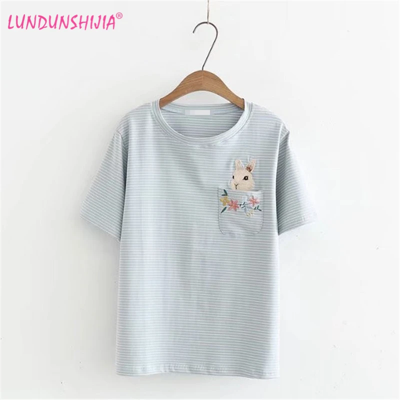 LUNDUNSHIJIA цветы кролик вышивка карман футболки для женщин 2019 Новое поступление