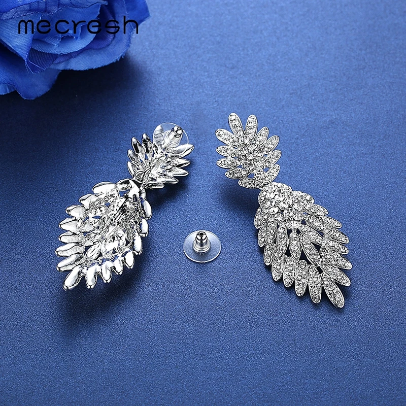 Длинные висячие серьги Mecresh в виде растения для невесты серебряный цвет стразы с
