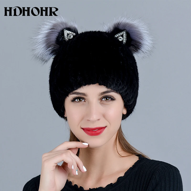 HDHOHR New Fashion Good Quality Winter Women's Vertical Weaving Hat Genuine Natural Fox Mink Fur Cap Lovely Cat Ears Style Hats
