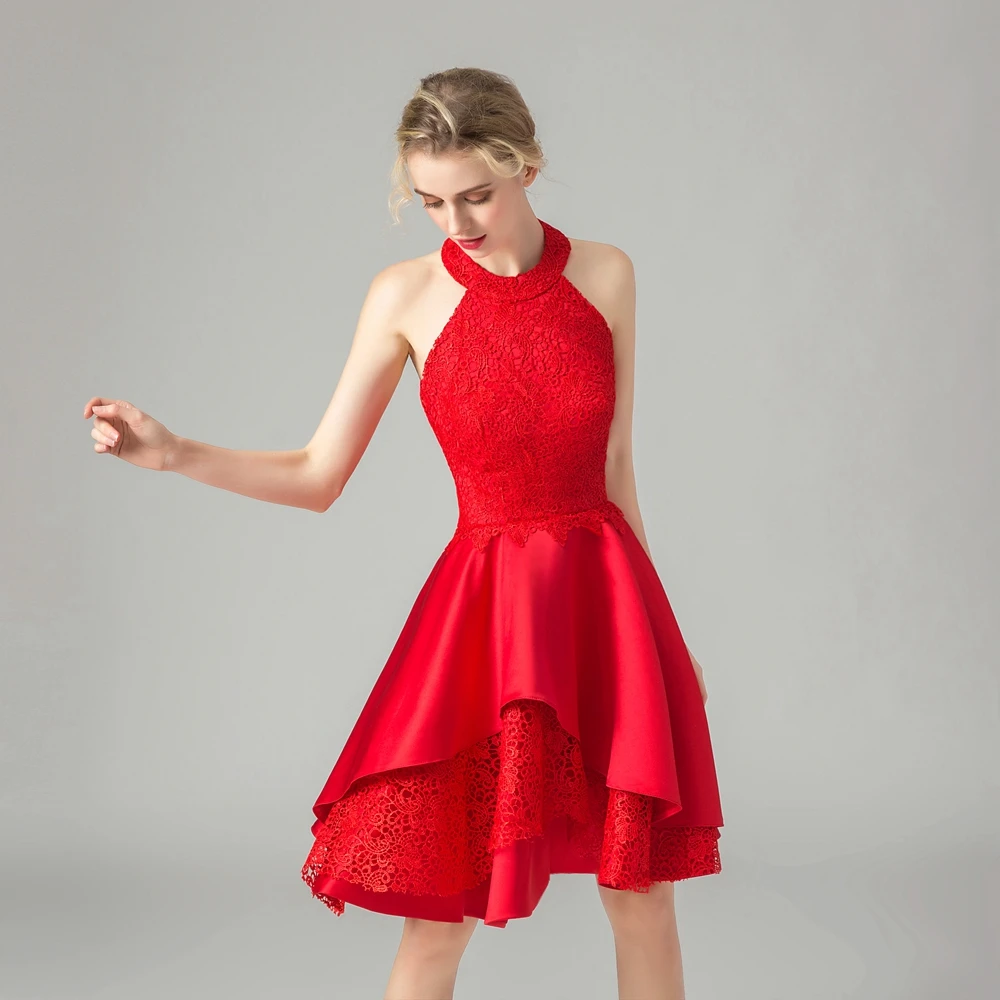 SSYFashion/новое коктейльное платье Красное Кружевное атласное мини с лямкой на шее и