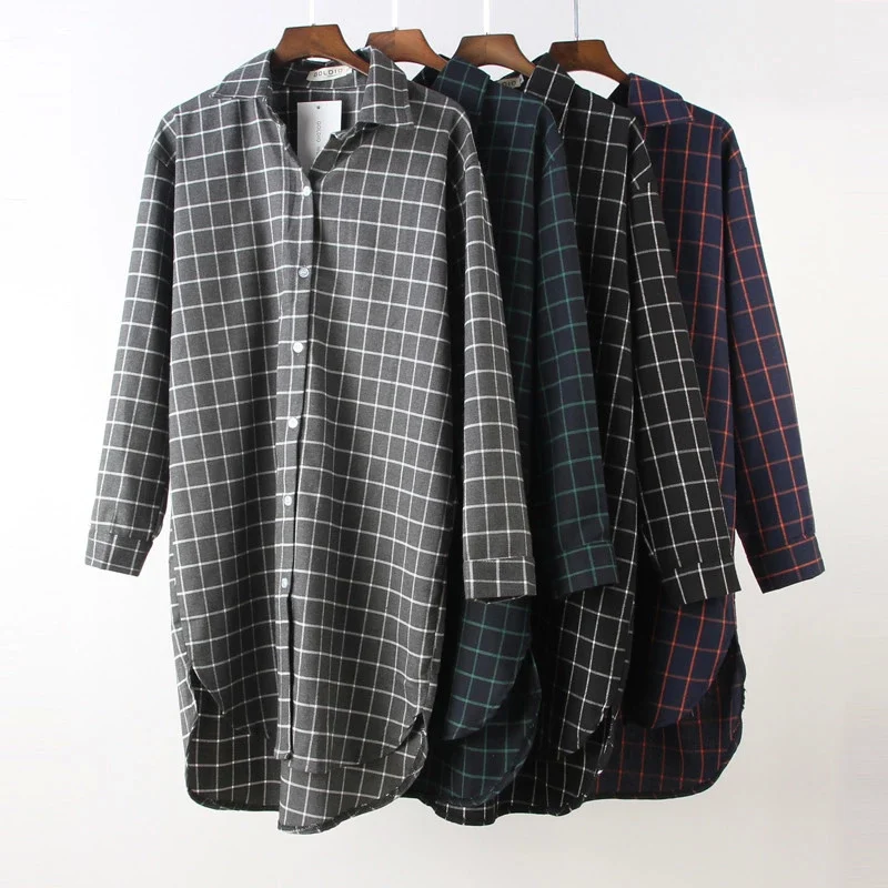 Клетчатая рубашка, женские длинные топы и блузки, Blusas, хлопковые топы для девушек, рубашка, блузка, Femininas, женские туники, красный, зеленый, черный, серый