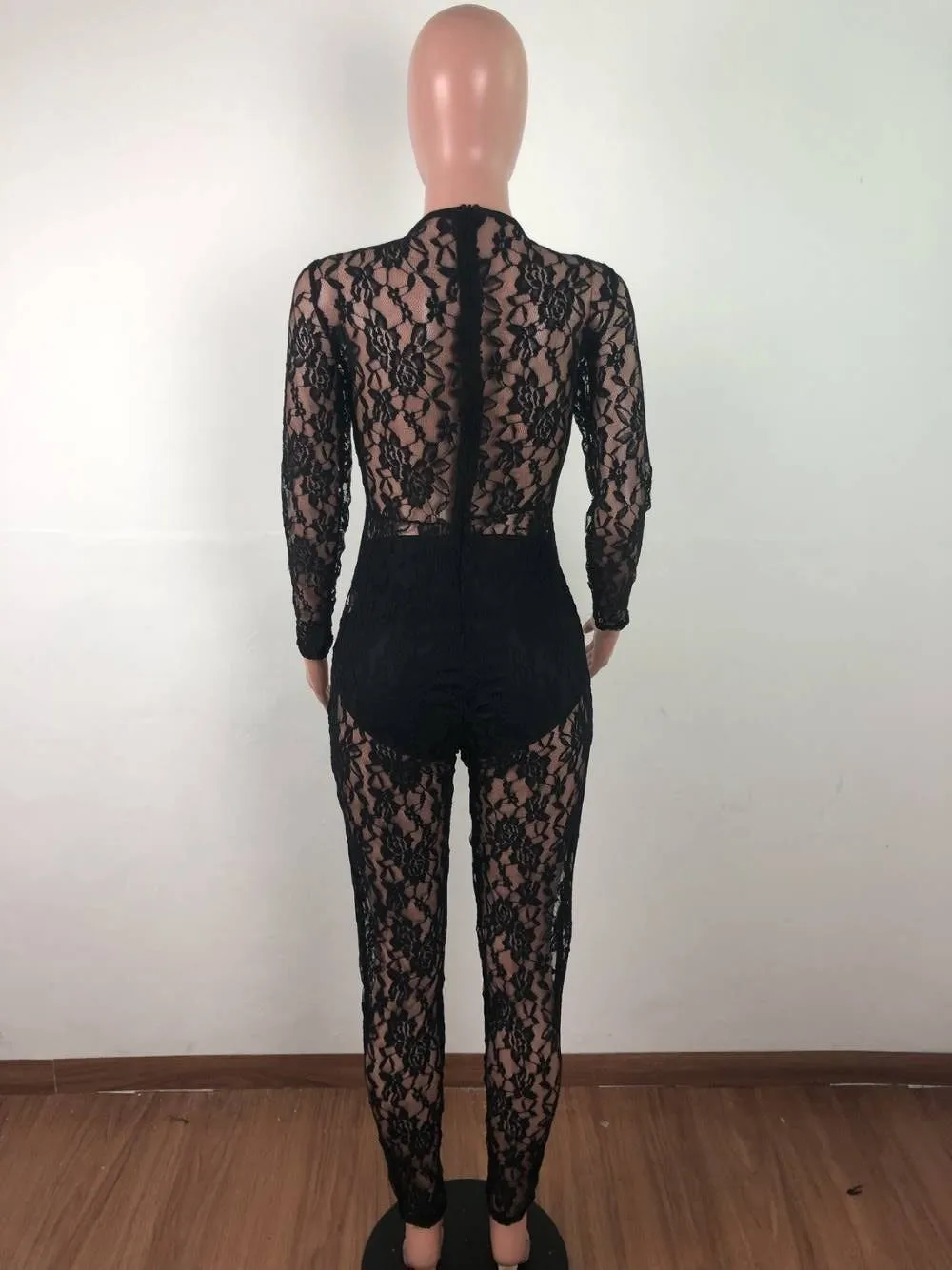 

New Summer Sexy Lace Transparent Full Sleeve With Pants Women Bodycon Jumpsuit