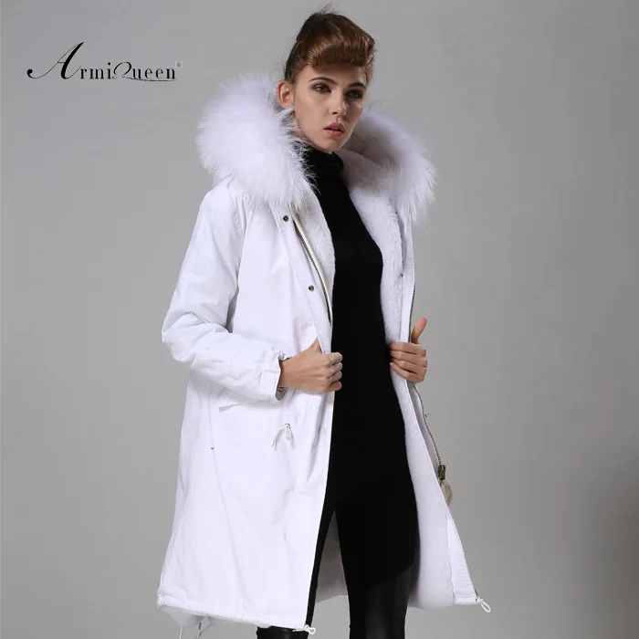 

High quality 2017 faux fur lined white coats Mr Mrs fur raccoon fur collar hood long jacket parka wholesale